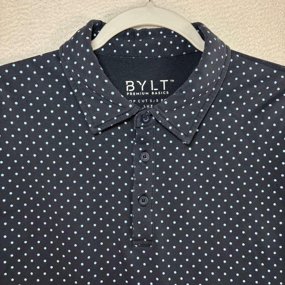 Bylt Drop Cut Lux Polo Shirt Men M Black Polka Dot AOP Stretch Performance Curve